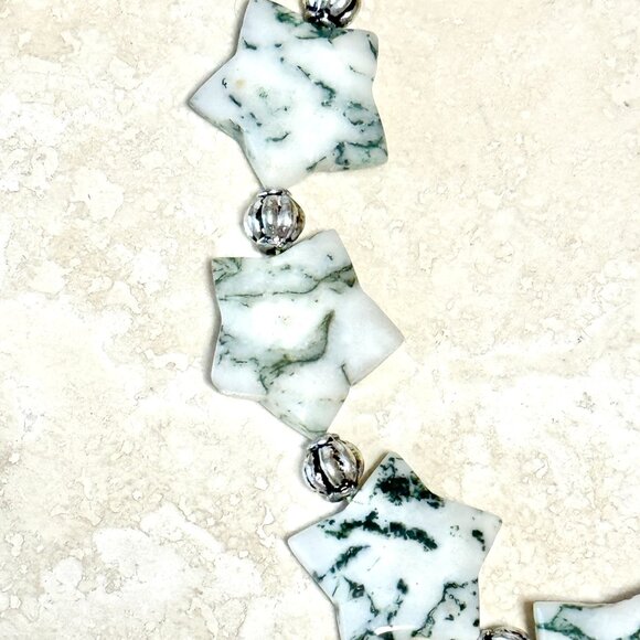 Starry Night Necklace, Genuine White Green Tree Agate Stars & Freshwater Pearls - Picture 6 of 12